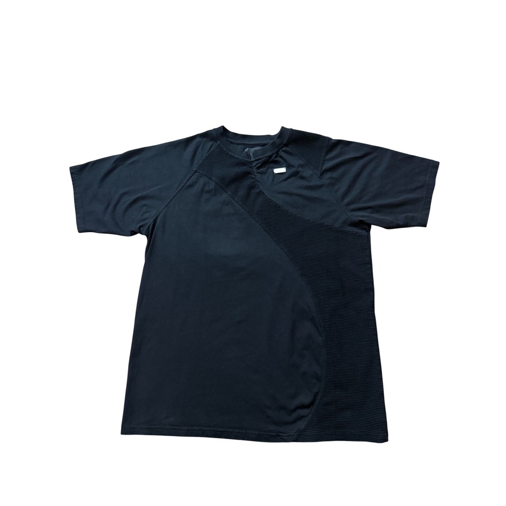 Heliot Emil Mens Black Supima Cotton Mesh Paneled T-Shirt Metal Logo Plaque